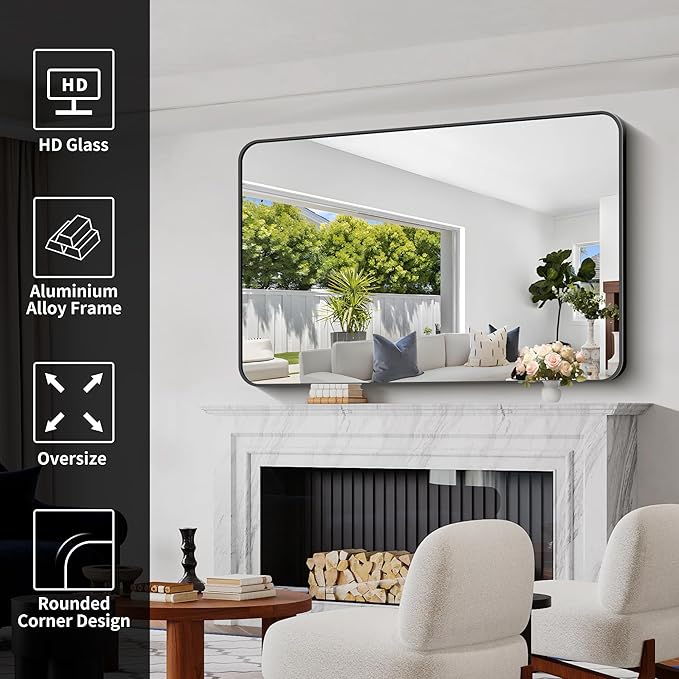 Bathroom Mirror, 55x36 inch Black Rectangle Wall Mirror, Metal Frame Rounded Corner Vanity Mirror, Large Wall Mounted Mirrors for Over Sink Bedroom Living Room Horizontal Or Vertical Mounting