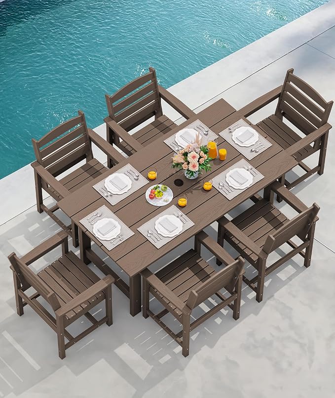 SERWALL 8-Piece Patio Dining Sets with 15FT Double Side Patio Umbrella, Outdoor HDPE Dining Furniture Set with Umbrella Hole Cut-Out Table and 6 Chairs, Coffee（Umbreall Base not Included）