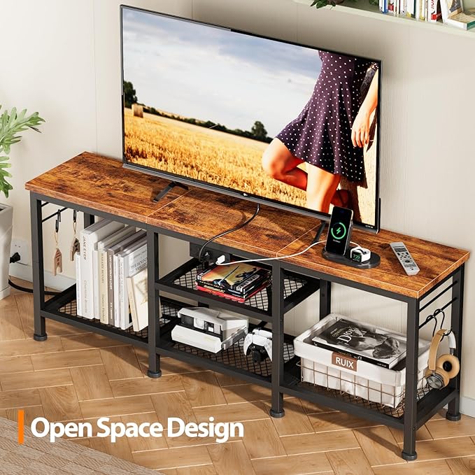 Furologee TV Stand with Power Outlets, Entertainment Center with Open Storage Shelves for TVs up to 55 Inch, Media Console Table with Soundbar Shelf for Living Room, Bedroom, Rustic Brown