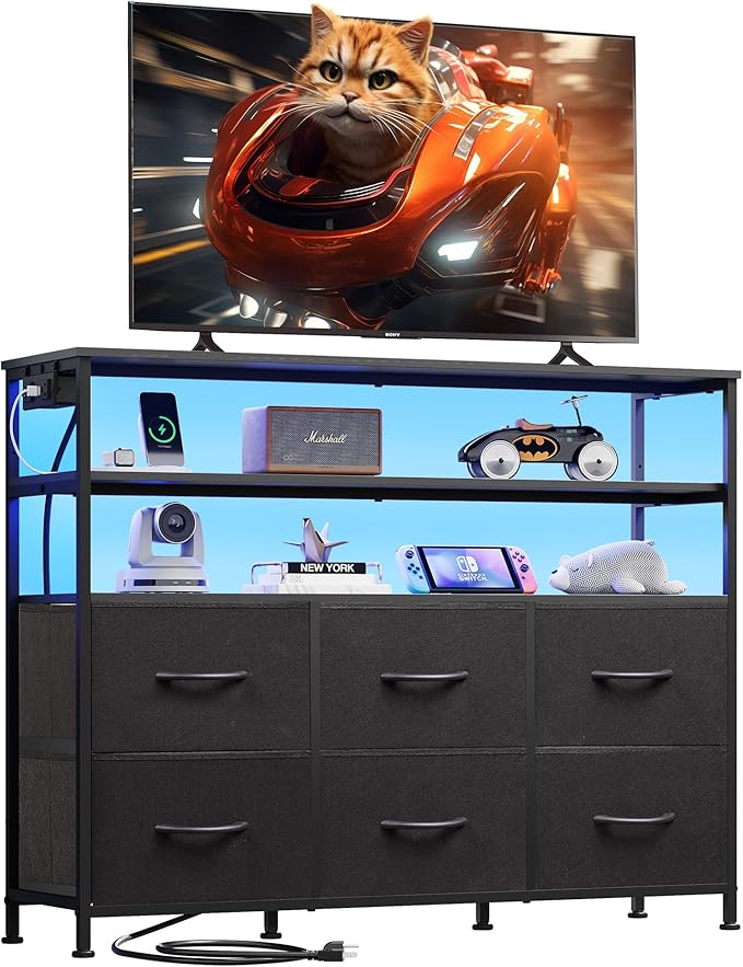 WLIVE Black TV Stand for 40, 45 inch TV, Entertainment Center with LED Lights & Charging Station, TV Media Console Table with 6 Fabric Drawers and Open Shelves for Living Room, Hallway, Wood Top