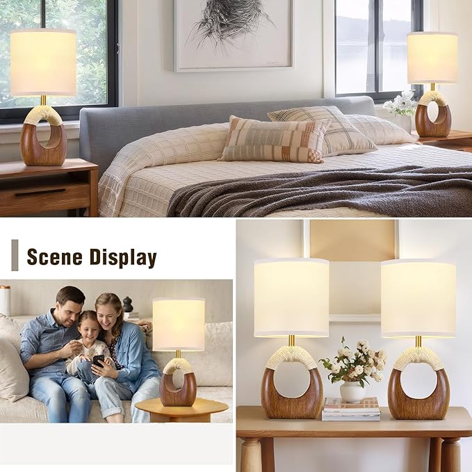 Table Lamp for Bedroom Set of 2 - Bedside Table Lamps with 3 Color Temperatures - Boho Rattan Lamps for Night Stands Small Farmhouse Living Room Lamp for Reading Sleeping Bulbs Included