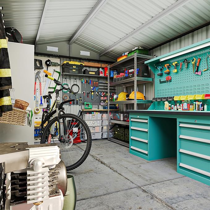 8x12 FT Metal Outdoor Storage Shed, Dual Doors with Lockable Bolts, Large Garden Shed for Yard Tools, Bike, Generator, Waterproof Galvanized Steel Panel with Vent & Sloping Roof（Brown）