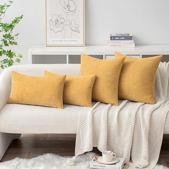 MIULEE Pack of 2 Couch Throw Pillow Covers 20x20 Inch Soft Beige Yellow Chenille Pillow Covers for Sofa Living Room Solid Dyed Pillow Cases