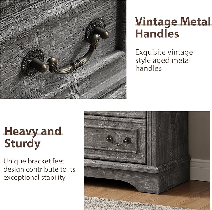 Farmhouse 6 Drawers Dresser, Wood Dressers for Bedroom, Tall 6 Chset of Drawers with Carved Wood Pilasters, Rustic Dressers Organizer for Bedroom, Hallway, Light Gray