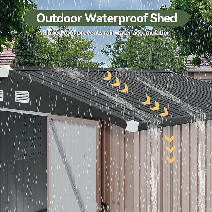 Aoxun 9.5x7.5 FT Shed with 4 Pegboards and 50 Hooks Outdoor Waterproof Storage Shed Steel Utility Garden Tool Shed with Door & Lock Outdoor Storage for Garden Patio Lawn Poolside, Brown