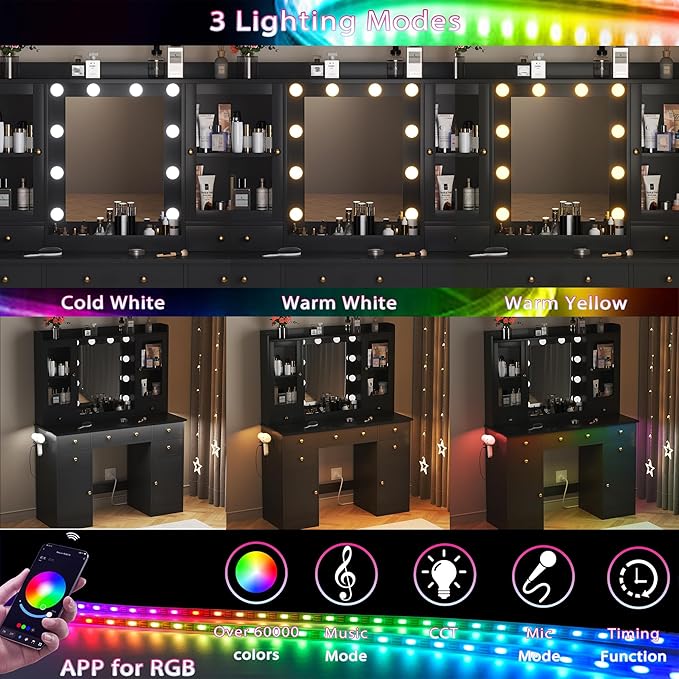 Vanity Desk with Mirror and Lights, Black Vanity Mirror with Lights Desk and Chair & Charging Station, Makeup Vanity with Lighted Mirror for Women Bedroom 3 Color Modes Adjustable