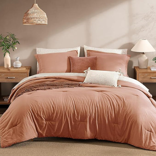 Monbix Queen Comforter Set - 7 Pieces Autumn Leaf Prewashed Bed in a Bag Queen Bedding Sets with Comforters, All Seasons Down Alternative Comforter Bed Set with Sheets,Pillowcases & Shams