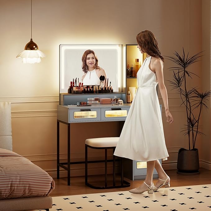 Vanity Desk with Mirror and RGB Lights, Makeup Vanity Desk with Wireless Charging Station,Large Dressing Table Set with Stool,LED Vanity Table with 6 Drawers/Cabinet/Shelves for Bedroom, Grey
