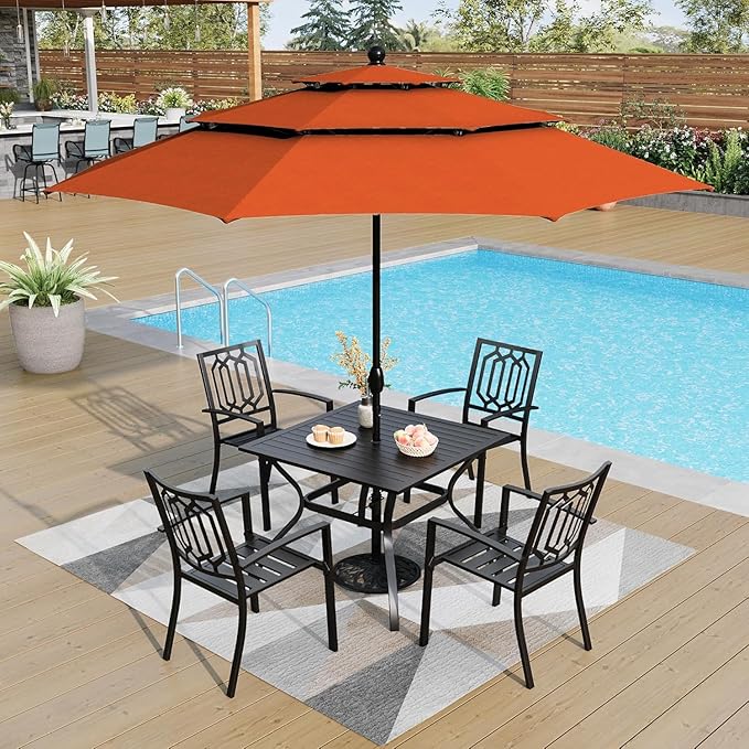 PHI VILLA 5-Piece Metal Patio Outdoor Table and Chairs Outdoor Dining Set - 37" Square Patio Table w/1.57" Umbrella Hole and 4 Backyard Garden Stackable Dining Chairs, Black