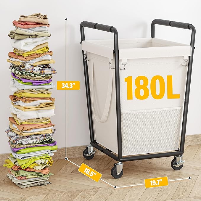 Laundry Basket with Wheels & Handles, 180L Laundry Cart with Removable Bag & Metal Frame for Clothes Storage, Laundry Room Organization Rolling Hamper with Wheels For Laundry, Dorm (Beige)