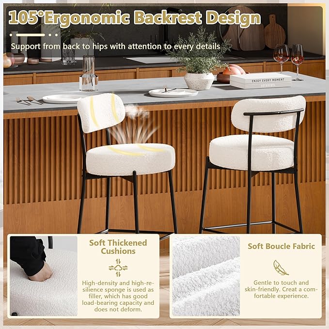 DYHOME Bar Stools Set of 4, 24 Inches Modern Counter Height Bar Stools with Curved Back Metal Legs, White Upholstered Boucle Barstools for Kitchen Island, Cafe