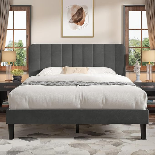 VECELO Full Size Bed Frame with Upholstered Headboard, Velvet Platform Bedframe Mattress Foundation, Strong Wood Slat Support, No Box Spring Needed,Grey