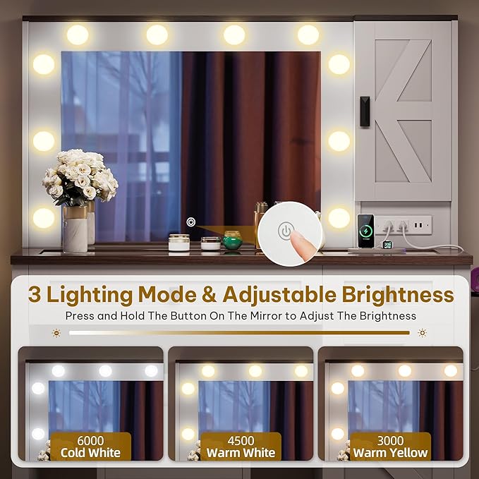 YITAHOME Makeup Vanity Desk with Mirror and Lights, Farmhouse Vanity Table with Charging Station, 42'' Dressing Table with 2 Drawers & 6 Cabinets, 3 Color Lighting Modes, for Bedroom, White