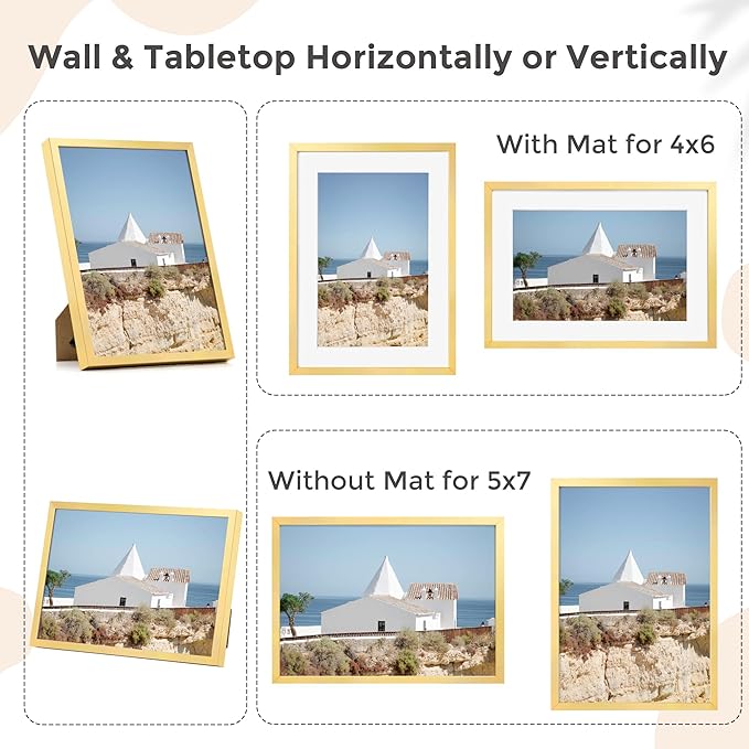 5x7 Gold Picture Frame | Metal 5x7 Frame With Mat For 4x6 | 5 x 7 Aluminum Photo Frame | Plexiglass And Hanging Hardware Included | 5 By 7 Picture Frame | Gold