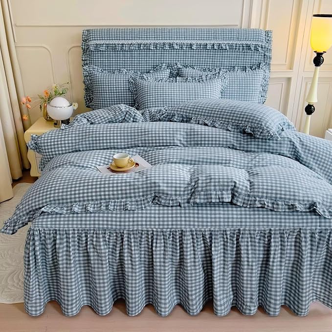 mixinni Vintage Blue Gingham Ruffle Comforter Set 3-Piece Washed Cotton Full Size Grid Bedding Set with Geometric Checkered Pattern, Farmhouse Chic Soft Fluffy Comforter for All-Season
