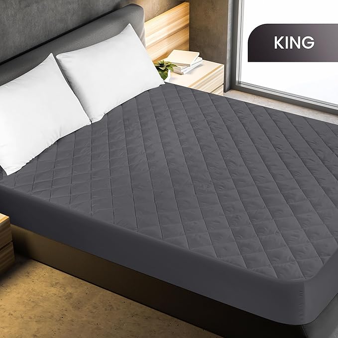 Utopia Bedding Quilted Fitted Mattress Pad, King Size, Elastic Fitted Mattress Topper Protector and Cover Stretches up to 16 Inches Deep, Machine Washable (Grey)