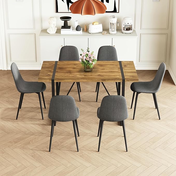 Rustic 7 Piece Dining Room Table Set for 6 People, Mid Century Modern 55 Inch Rectangle Wood Kitchen Dining Table with 6 Fabric Chairs Set, Suitable for Kitchen Dining Room