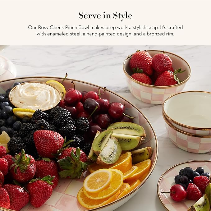 MACKENZIE-CHILDS Enamel Pinch Bowl, Small Bowl for Kitchen Ingredients, 1.5-Cup Capacity, Pink-and-White Rosy Check