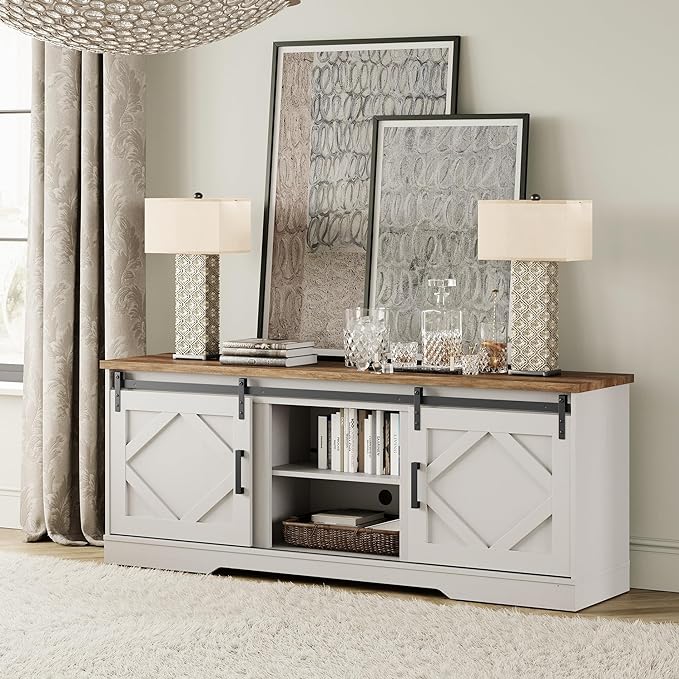 WAMPAT Modern Farmhousen TV Stand for up to 95" TVs,3-in-1 Wood Entertainment Center with Sliding Barn Door and Adjustable Media Storage Shelf for Living Room,Cream White