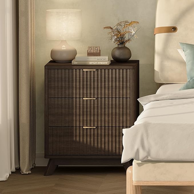 30" Tall Fluted NightStand,3 Drawers End Table with Charging Station,Modern Side Table with Storage, Night Stand Wood Bedside Tables for Bedroom,Curved Profile Design,Walnut