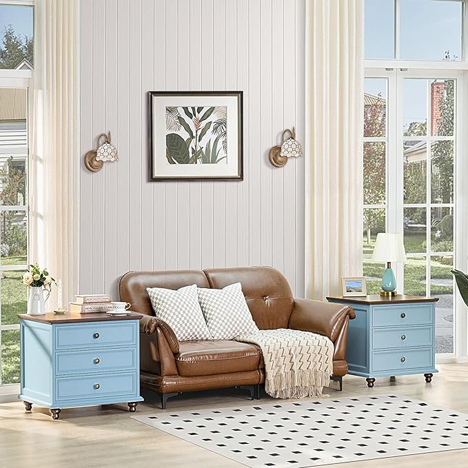 24" Wide Farmhouse Night Stand Set of 2,Large End Table with 3 Drawers & Metal Handle,Wood Dresser for Bedroom Cabinet,Light Blue Bed Side Table Chest of Drawers,Nightstand for Living Room