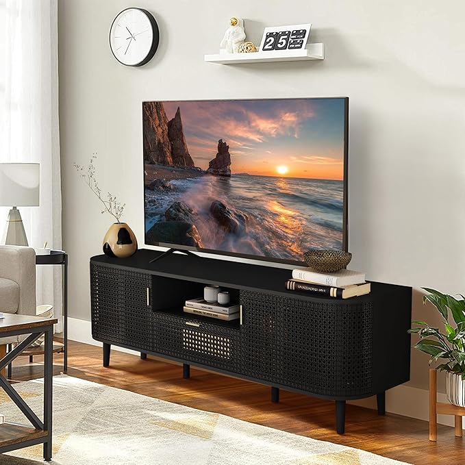 ORRD TV Stand for TVs Up to 65 Inch, Boho Wood Television Stands Media Entertainment Center Console Table with Curved Iron Rattan Doors and Drawer for Living Room - Black