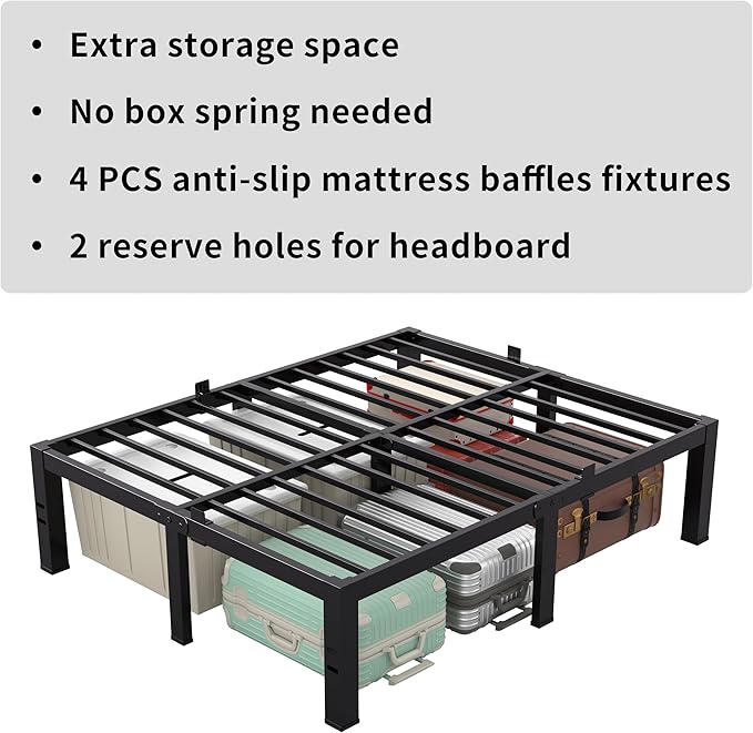 MAF 18 Inch High Queen Bed Frame No Box Spring Needed Heavy Duty Queen Platform Bed Frame Steel Slat Support Noise Free Black Bed Frame Queen Size Easy Assembly