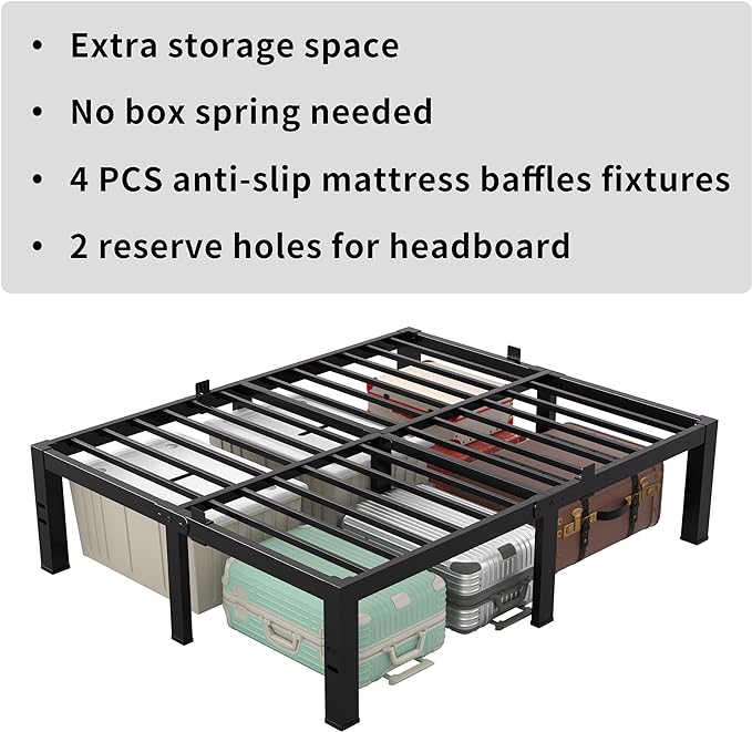 MAF 18 Inch King Size Bed Frame No Box Spring Needed Heavy Duty Platform King Bed Frame Steel Slat Support High Platform Bedframes with Storage Size Black Metal