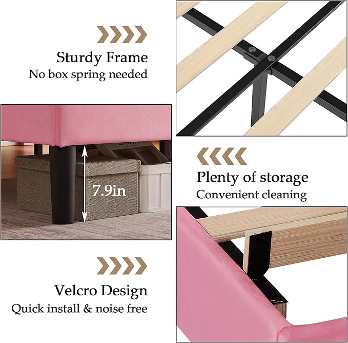 VECELO Queen Bed Frame Platform Bed Frame with Upholstered Headboard, Strong Frame and Wooden Slats Support, Strong Weight Capacity, Non-Slip and Noise-Free, Easy Assembly,Pink