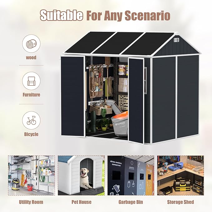 8' x 7' Resin Storage Shed Outdoor, PP Material & Strong Structure for All Weather, Plastic Garden Shed w/Window for Garden, Backyard, Poolside and Lawn, 15mm Thick PP Board - Dark Grey