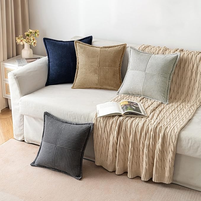 MIULEE Khaki Corduroy Decorative Euro Sham Pillow Covers 24x24 Inch with Splicing Set of 2 Soft Boho Pillow Covers Broadside Textured Pillowcases for Couch Bed Livingroom