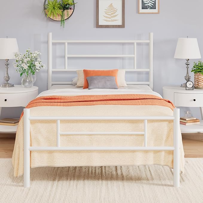 Allewie 14 Inch Twin Size Metal Platform Bed Frame with Headboard and Footboard, Underbed Storage, Strong Metal Slats Support, Mattress Foundation, No Box Spring Needed, Easy Assembly, White