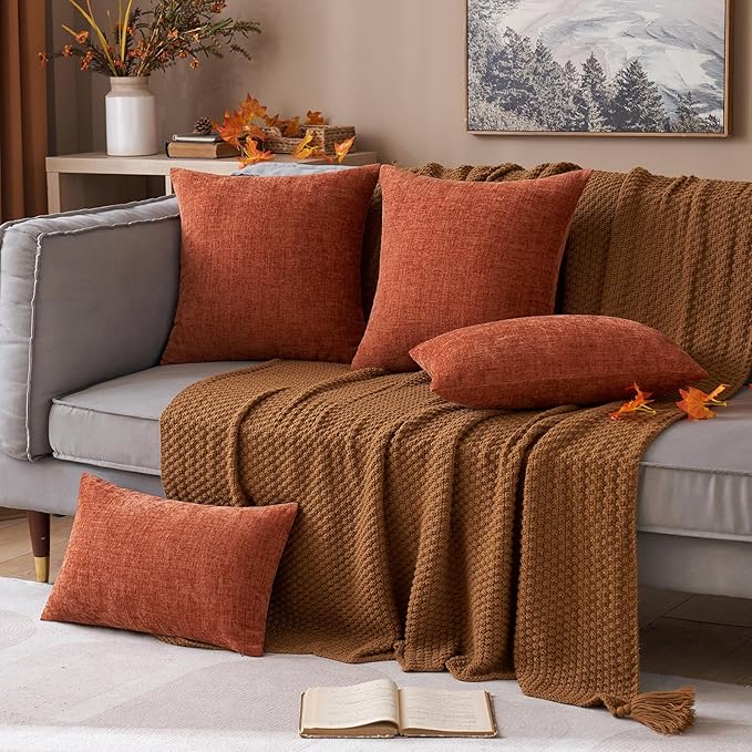 MIULEE Fall Pack of 2 Couch Throw Pillow Covers 12x20 Inch Soft Burnt Orange Chenille Pillow Covers for Sofa Living Room Solid Dyed Pillow Cases