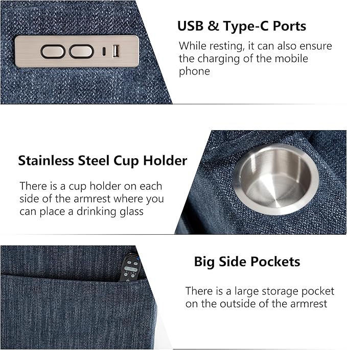 Power Lift Chair with Massage & Heat, Electric Recliner Chairs for Adults, Remote Control, Living Room Sofa, Standing Assistance, USB Ports, Stainless Steel Cup Holders, Chenill, Blue