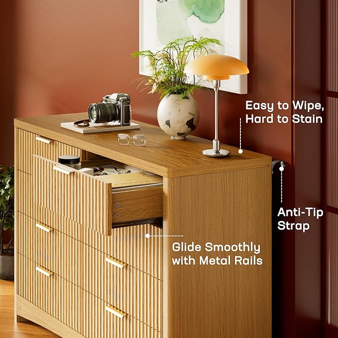 Marsail 8 Drawer Wooden Dresser with Smooth-Glide Drawers, Modern Storage Solution for Bedrooms, Living Rooms, and Hallways, Featuring Large Capacity and an Elegant Natural Wood Finish, Natural Oak