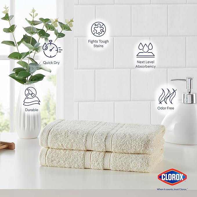 CLOROX Bleach Friendly Towels, Quick Dry, 100% Cotton Hand Towels (16" x 26"), Highly Absorbent Soft Lightweight, Ideal for Everyday Use, Easy to Wash (2 Pack, Ivory)