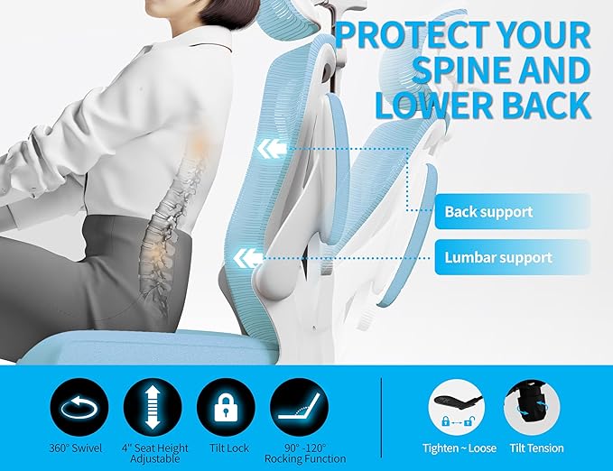 Office Chair - Ergonomic Office Chair with Back Support, Ergonomic Computer Chair - Home Office Desk Chairs, 400lbs Wide Seat Big and Tall Office Chairs with Headrest, Comfy Desk Chairs (Lake Blue)