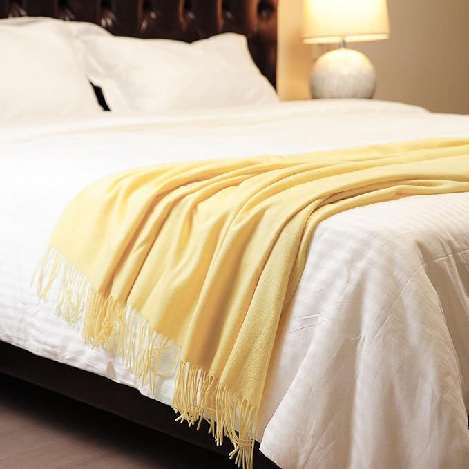 CUDDLE DREAMS Premium Cashmere Throw Blanket with Fringe, Luxuriously Soft (Yellow)