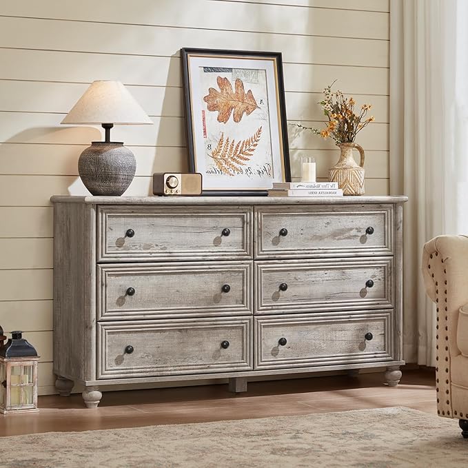 Farmhouse Dressers & Night Stand Set of 3, Wood 54" Wide 6 Drawer Dresser & 43.5"Tall Chest of Drawers, 18" with Charging Station Nightstand, Bedroom Furniture Dresser Set for Home Living Room Hallway