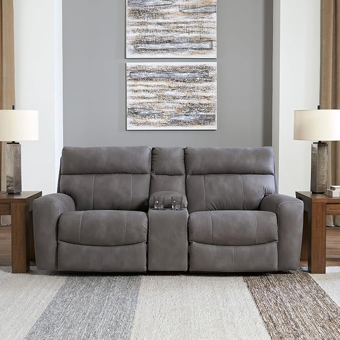 Signature Design by Ashley Next-Gen DuraPella Contemporary Faux Leather Modular Wall Hugger 3-Piece Power Reclining Sectional Loveseat with Console, Adjustable Headrest and USB Ports, Gray