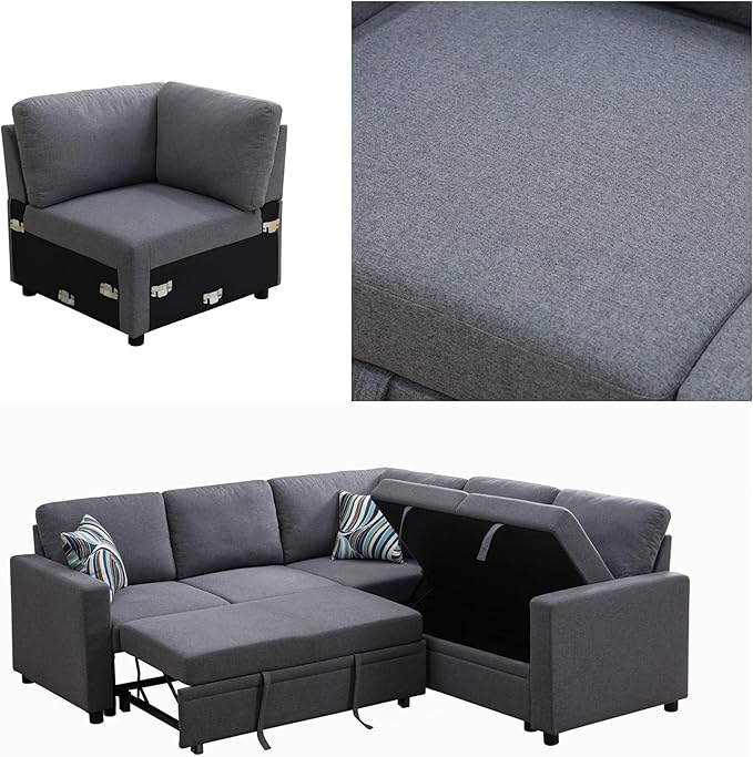 L Shaped Sectional Couch with Pull Out Bed, Convertible Sleeper Sofa Bed Couch with Storage, Modern Modular L Shaped Sofa for Living Room, Bedroom, Apartment, Grey