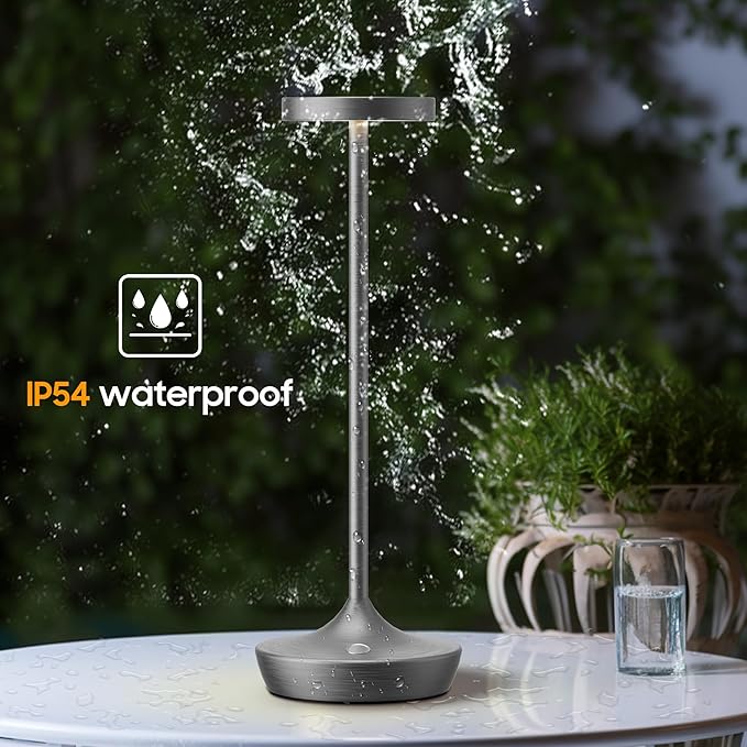 Cordless Table Lamp, Rechargeable Battery Operated LED Desk Lamp, 3-Color Stepless Dimming, Portable & Waterproof, for Restaurants, Bedrooms, Bars, Outdoor Parties, Camping, and Cafes (Gray)