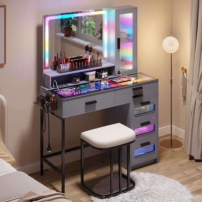 HENBC Vanity with Mirror and LED Lights, Glass Top Vanity Desk with Charging Station(Wireless+USB+Type-C), RGB Makeup Table Set with Stool/Makeup Organizer/6 Drawers for Bedroom,Grey
