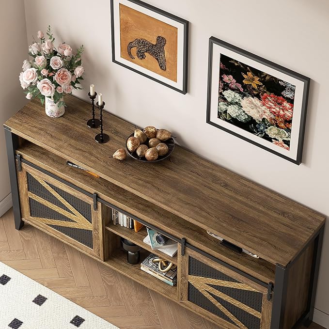 VFK 70 Inch TV Stand for TVs up to 70", Rustic Farmhouse Media Console with Sliding Barn Doors, 6 Drawers, Entertainment Center for Living Room