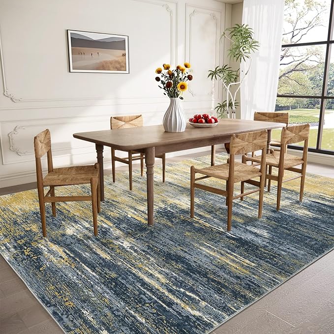 Modern Abstract Living Room Rug 8x10, Washable Area Rugs for Bedroom, Stain Resistant Non Slip Large Rug, Soft Indoor Carpet for Dining Room Table Home Decor, Yellow/Black