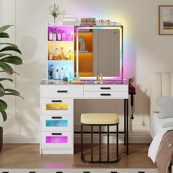 RGB Vanity Desk with Sliding Mirror and Lights,Makeup Vanity with Charging Station,LED Vanity Table with Glass Top,Girls Vanities Dressing Table Set with Stool&6 Drawers for Bedroom(White
