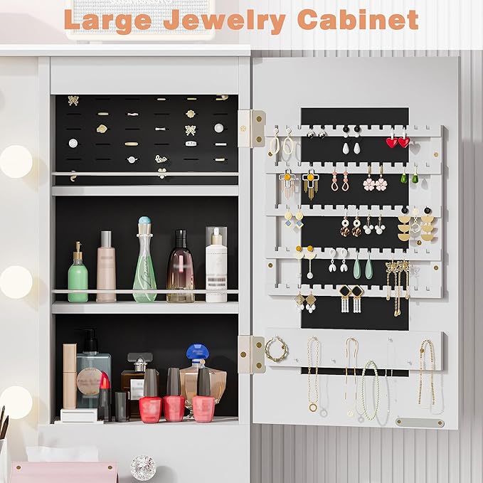 wanan White Vanity with Jewelry Storage, Big Makeup Vanity Desk with Mirror and Lights, 5 Drawers and 4 Cabinets, 45.3'' Large Vanity Set for Bedroom