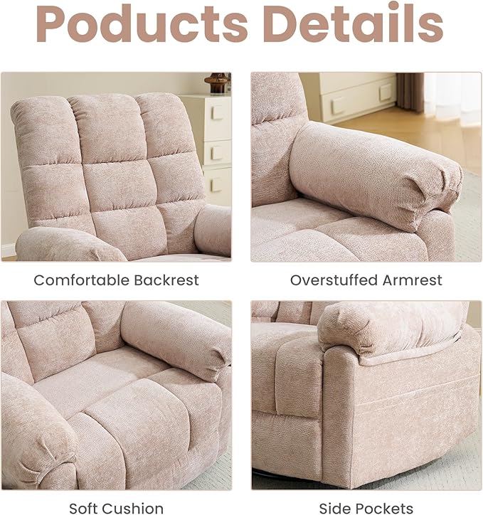 Oversized Swivel Rocker Recliner with Massage and Heat, 26" Extra Wide Manual Recliner for Adults & Big Man, Overstuffed Rocking Chair with High Back for Living Room, Beige Chenille