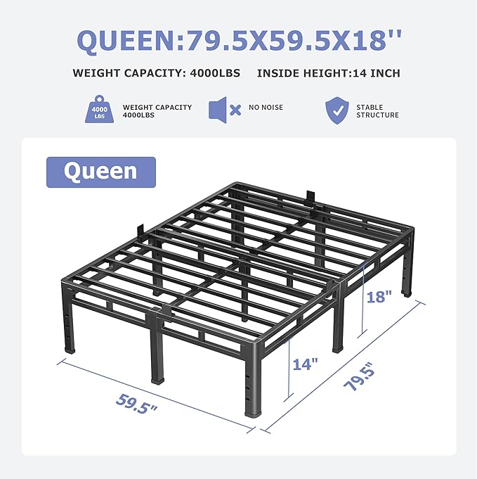 NKZ 18 Inch Queen Size Bed Frame, Metal Bed Frame & Box Spring 2 in 1 Platform with Round Corner Legs, 4000Lbs Heavy Duty Metal Frame, Mattress Slide Stopper, Headboard Hole, Noise-Free, Easy Assembly