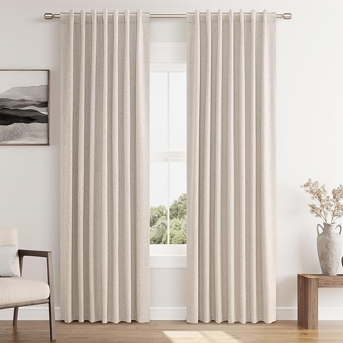 Guken Oatmeal Linen Blackout Curtains 80 Inch Length 2 Panels Set for Living Room Bedroom Back Tab Thermal Insulated 100% Black Out Linen Drapes Room Darkening Window Curtains 80 Inches Long